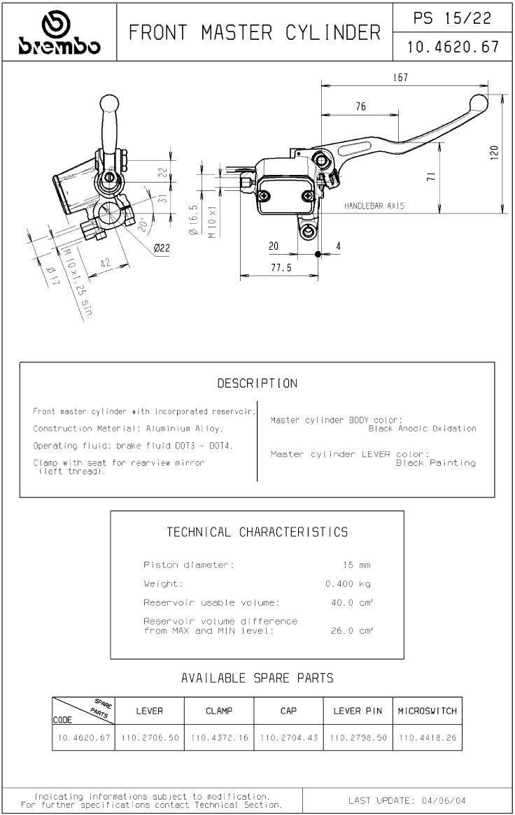 MASTER CYLINDER PS15, 53, W/LEVER, W/RES. foto 2