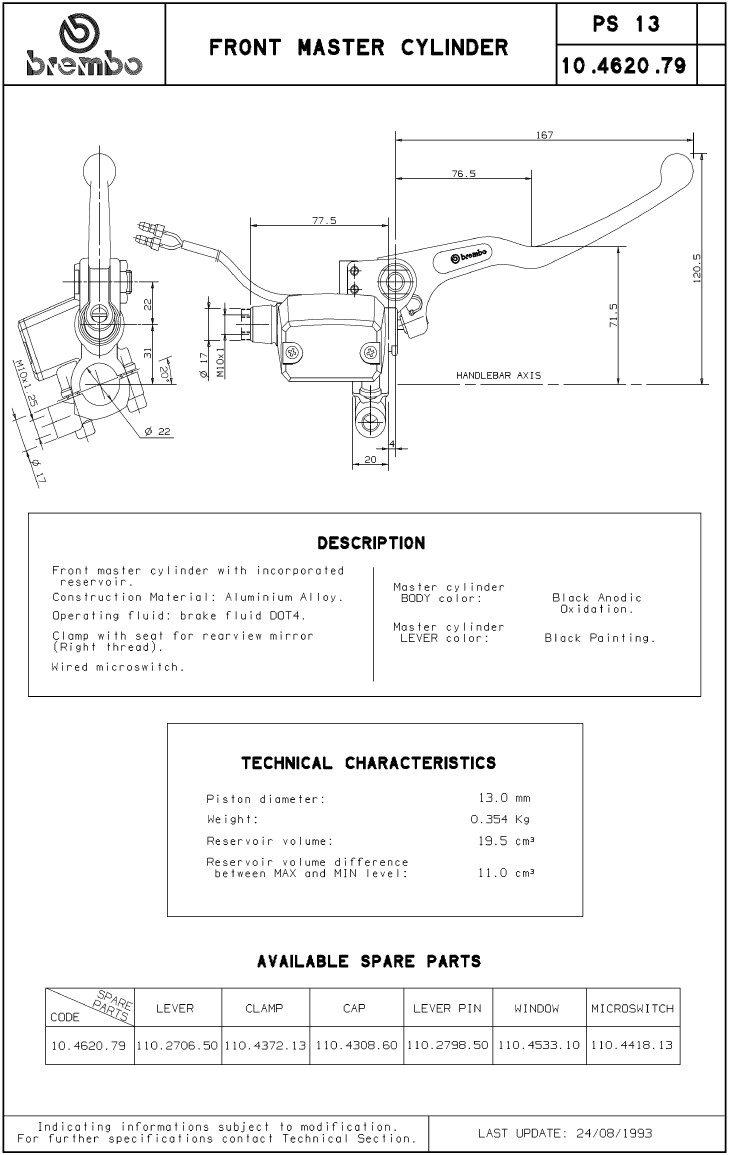 MASTER CYLINDER PS13, 50, W/LEVER, W/RES.