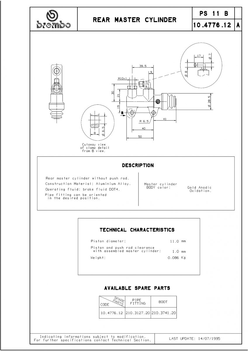 MASTER CYLINDER PS11B, W/PUSH ROD
