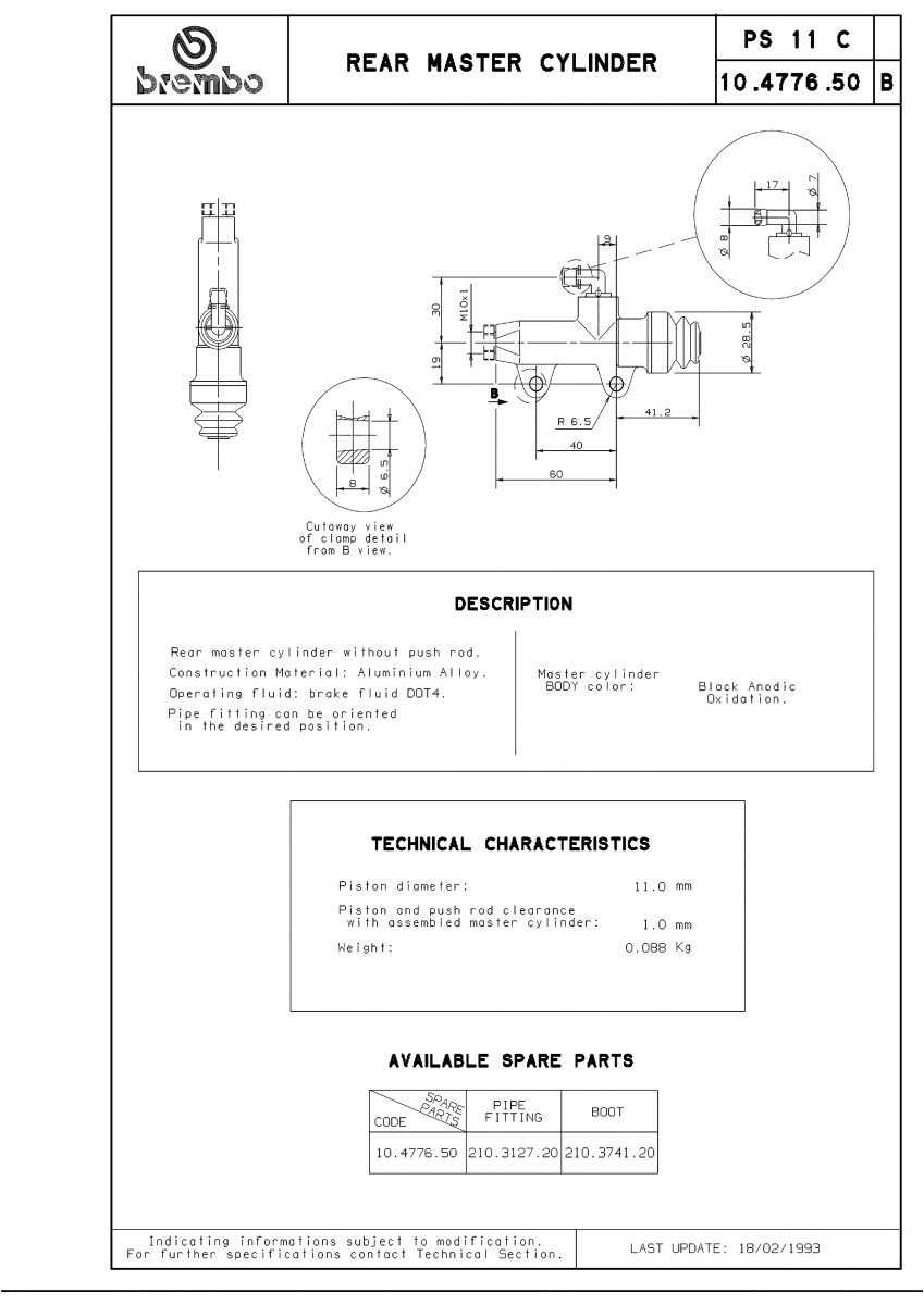 MASTER CYLINDER PS11C, W/PUSH ROD
