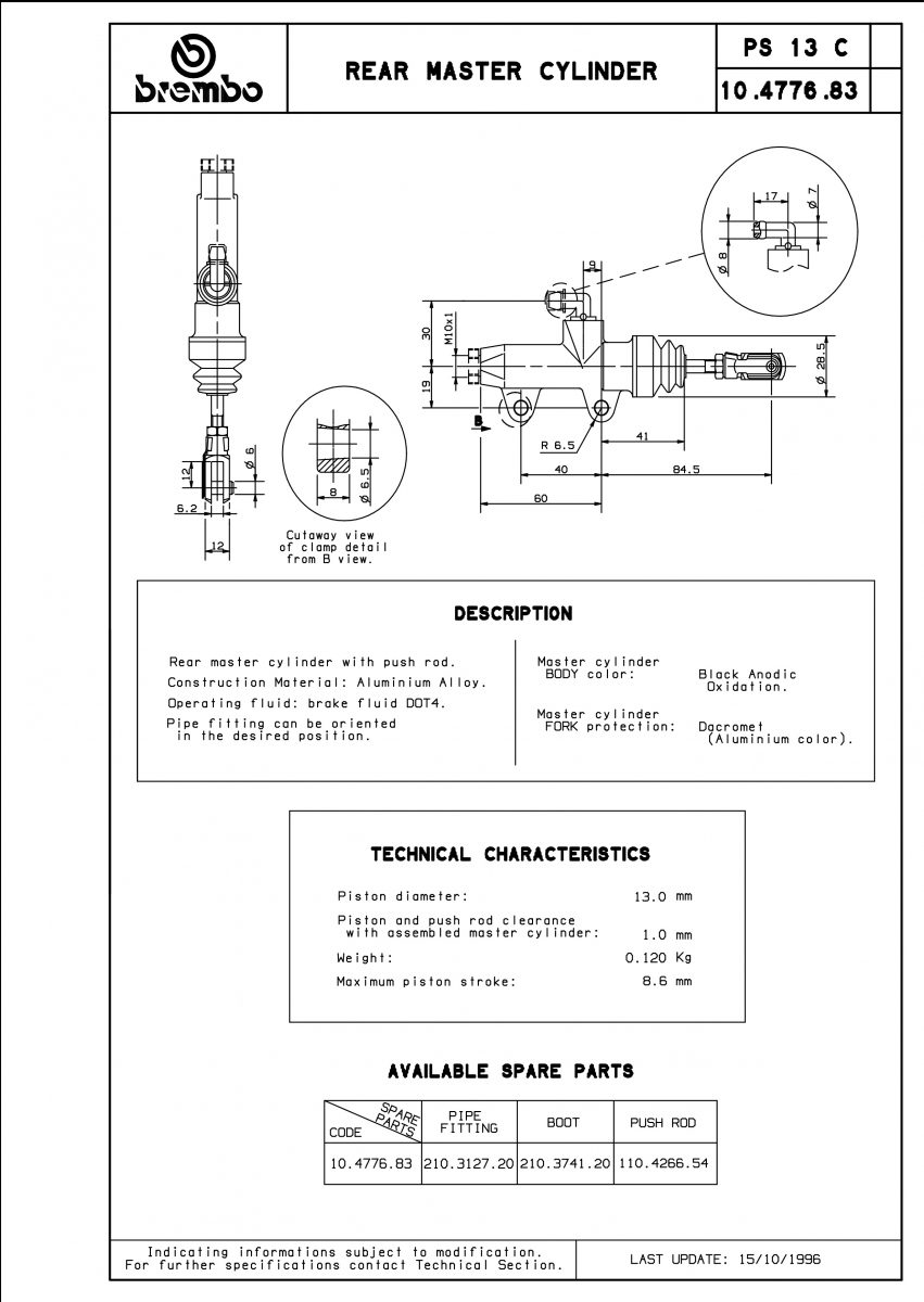 MASTER CYLINDER PS13, W/PUSH ROD